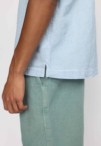 Camicetta a maniche corte a righe blu chiaro, realizzata in cotone, con orlo dritto e spacco laterale, indossata con pantaloni corti verde testurizzato.