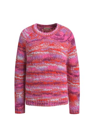 Mehrfarbiger Strickpullover mit langen Ärmeln in den Farbtönen Rosa, Rot, Lila und Weiß, mit einem runden Halsausschnitt und strukturierten Mustern.