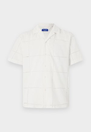 Short-sleeve, white shirt made of fabric with a textured grid pattern. Features a collar and button-up front, with subtle stitching details.