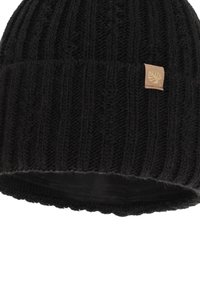 Zwarte gebreide muts met een geribde textuur en een opgerolde manchette. Inclusief een klein bruine stoffen label met een bladontwerp als accent.