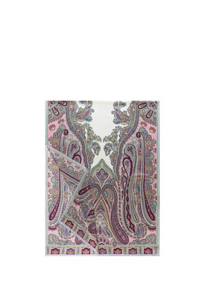 Silk scarf with intricate pink, purple, green paisley and floral patterns, folded at one corner to show detailed print on both sides.