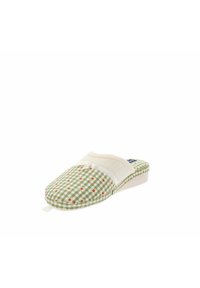 Chausson en tissu à carreaux verts et blancs avec des accents floraux rouges, rembourrage doux et une bande blanche sur le dessus. Semelle plate pour plus de confort.