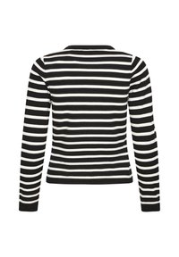 Pull à manches longues à rayures horizontales noires et blanches avec un col rond, vu de dos sur fond blanc.
