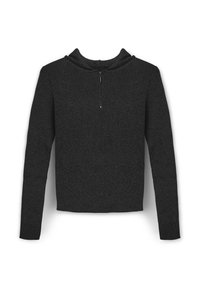 Dunkelgrauer Pullover mit gerippter Textur, langen Ärmeln und Reißverschluss-Kragen. Das Material wirkt weich und leicht dehnbar.