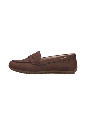Brown leather slip-on loafer with perforated toe, stitched details, and rubber sole, side view.