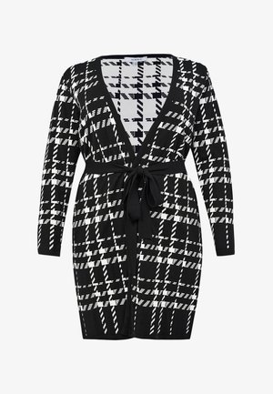 Schwarz-weißer gemusterter Cardigan mit langen Ärmeln, tiefem V-Ausschnitt und Taillenschnürung. Hat ein kariertes Design und eine weiche Stricktextur.