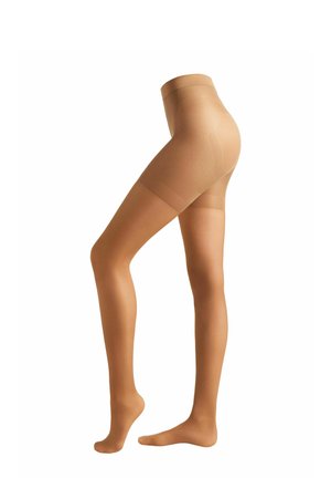 Collant nudi trasparenti con una texture liscia, design a vita alta e punta rinforzata. Il tessuto appare elastico e leggero.