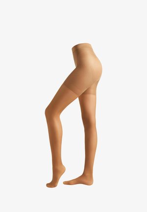 Collant nudi trasparenti con una texture liscia, design a vita alta e punta rinforzata. Il tessuto appare elastico e leggero.