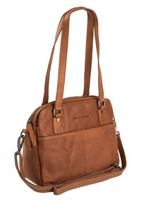 Sac à main en cuir marron avec des sangles ajustables, fermeture éclair et poche frontale. Présente une texture lisse et un design rectangulaire structuré.