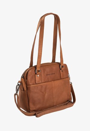 Sac à main en cuir marron avec des sangles ajustables, fermeture éclair et poche frontale. Présente une texture lisse et un design rectangulaire structuré.