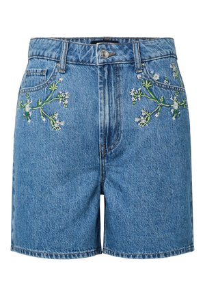 Τζιν σορτς με μπροστινές τσέπες, κούμπωμα με κουμπί και φερμουάρ, με πράσινη και λευκή λουλουδάτη κεντητική και στις δύο λεκάνες.