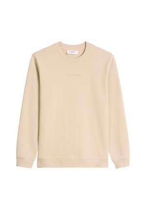 Beige long-sleeve crewneck sweatshirt with ribbed cuffs and hem, featuring subtle "Marc O'Polo Denim" text on the front center.