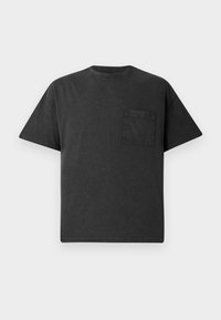 Black cotton t-shirt with a crew neckline, short sleeves, and a left chest pocket. Features a relaxed fit and smooth texture.