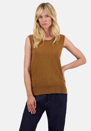 Brown sleeveless knit top with a round neckline and ribbed hem. Soft texture, fitted design, shown against a plain white background.