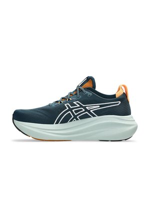 Dark teal running shoe with white logo, thick white sole, orange heel tab, and patterned laces, shown in left side profile.