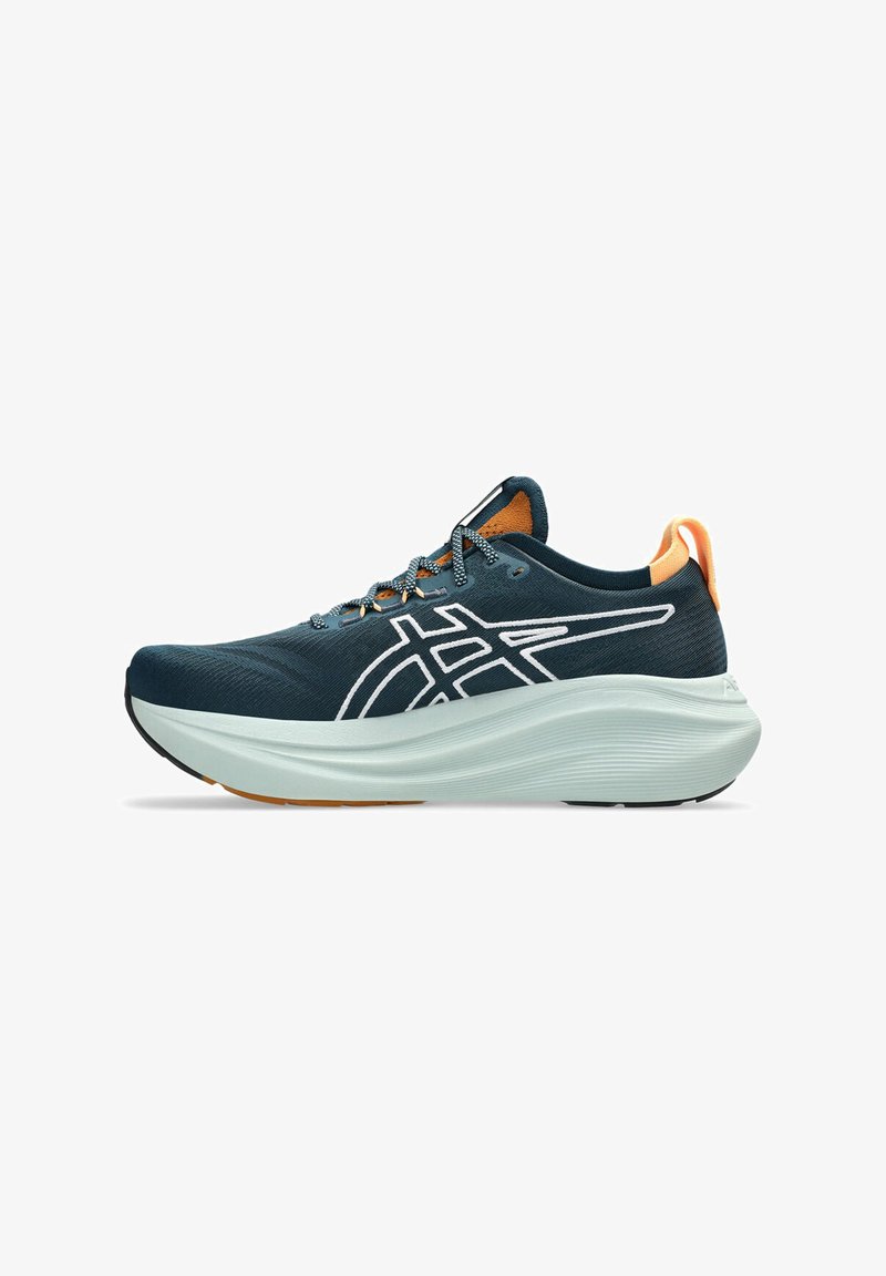 Dark teal running shoe with white logo, thick white sole, orange heel tab, and patterned laces, shown in left side profile.