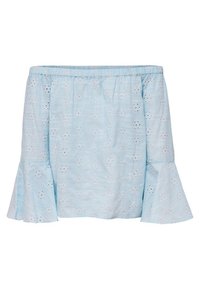 Top azzurro chiaro scollato sulle spalle realizzato in tessuto leggero, con motivi a occhiello, maniche arricciate e scollatura elasticizzata.