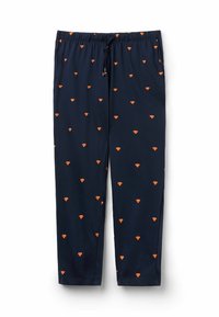 Mörkblå joggingbyxor i mjukt tyg, med ett upprepat mönster av orange diamantloggor, elastisk midja och dragsko.