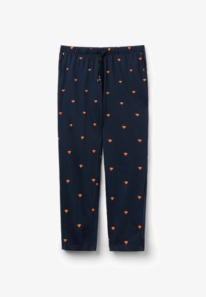 Marineblå joggebukser lavet af blødt stof, med et gentaget orange diamantlogo mønster, en elastisk talje og snøre detaljer.