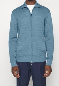 Cardigan azzurro chiaro con zip, realizzato in tessuto a maglia strutturato. Presenta polsini e orlo a coste, con tasche laterali e collo alto.