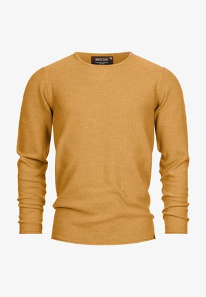 Mustár sárga hosszúujjú pulóver körkivágással, textúrált anyagból, laza szabással; az alján diszkrét márkacímke található.