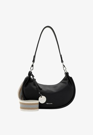Black leather shoulder bag with a curved shape, textured surface, and a detachable woven strap featuring beige, gray, and white stripes.
