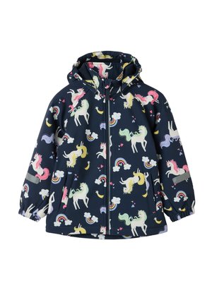 Vandtæt marineblå jakke med enhjørning og regnbuemønster. Har hætte, frontlynlås, elastiske manchetter og to sidelommer.