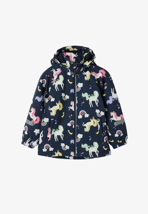 Vandtæt marineblå jakke med enhjørning og regnbuemønster. Har hætte, frontlynlås, elastiske manchetter og to sidelommer.