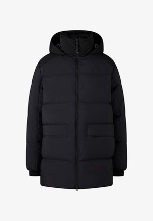 Černá zateplená bunda s kapucí, s uzavíráním na zip a patenty, dvěma předními kapsami a hladkým povrchem. Minimalistický design.