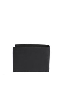 Cartera de cuero negro con un diseño minimalista, que presenta una forma plegable, textura suave y detalles de costura sutiles.