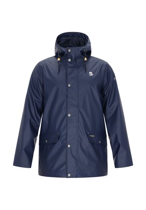 Giacca waterproof blu navy con cappuccio, chiusure a scatto, due tasche frontali e dettagli con cordino. Texture liscia con logo dettagliato sul petto.