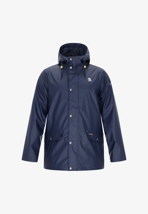 Navy waterproof jacket featuring a hood, snap closures, two front pockets, and drawstring accents. Smooth texture with logo detail on chest.