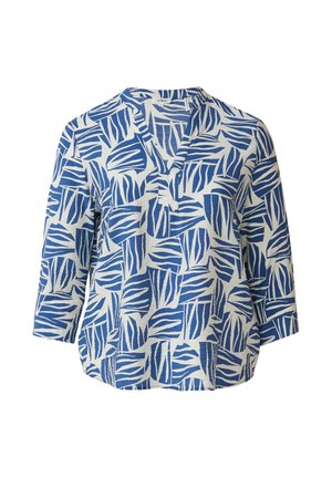 Bluse mit blau-weißem Muster aus leichtem Stoff, mit V-Ausschnitt, drei Viertelärmeln und lockerer Passform im Blättermuster.