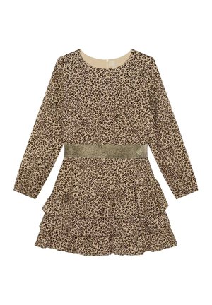 Beige long-sleeve dress with leopard print, tiered ruffle skirt, and shiny gold elastic waistband.