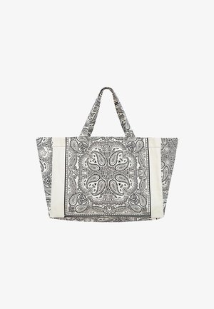 Duża biała torba na ramię z czarnym, misternym wzorem paisley i kwiatowym w stylu bandany oraz podwójnymi uchwytami.