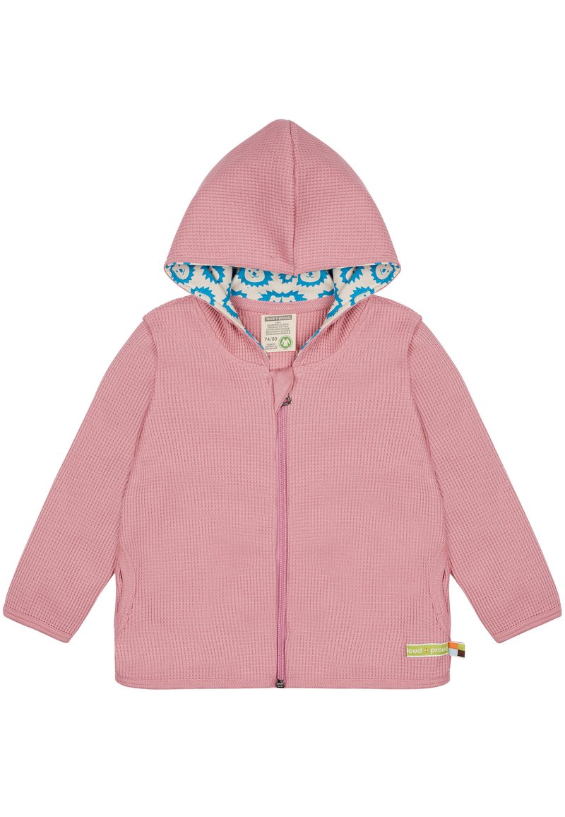 Felpa rosa con texture e zip frontale, con un motivo floreale blu nella fodera interna e etichette laterali verdi e multicolori.
