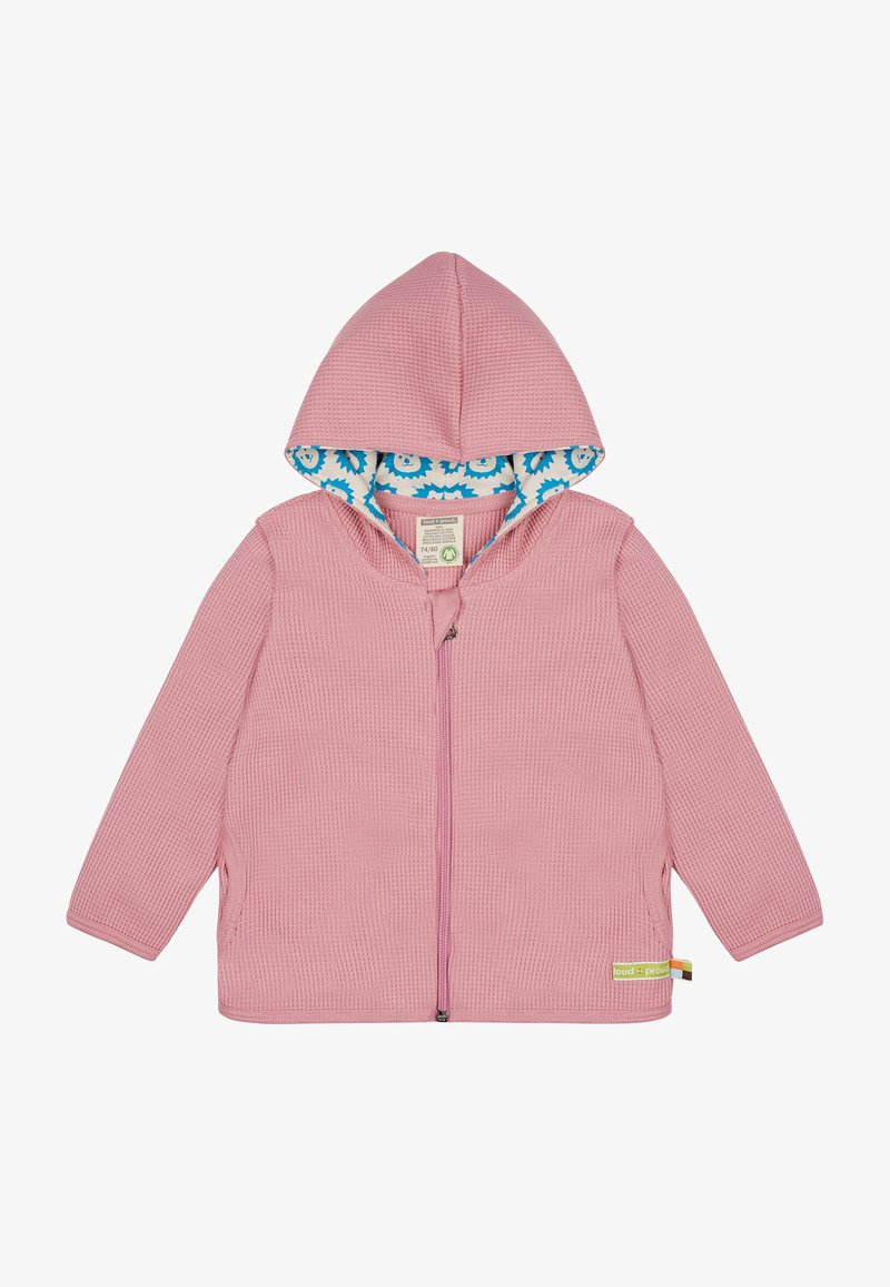 Rosa strukturierte Kapuzenjacke mit Reißverschluss vorne, ausgestattet mit einem blauen Blumenmuster an der Innenseite und seitlichen Etiketten in Grün und Multicolor.