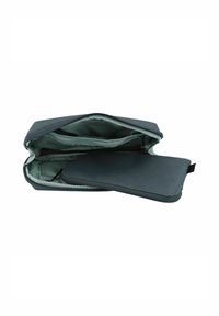 Custodia grigia con zip, caratterizzata da un esterno texture e un rivestimento interno liscio, con una tasca piatta aggiuntiva per l'organizzazione.