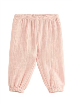 Bløde lyserøde babybukser med elastisk talje og ankellukke, lavet af let, struktureret stof.