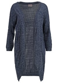 Mörkblå stickad cardigan med långa ärmar, öppen framsida, två framfickor och ett strukturerat mönster. Mjukt material med en avslappnad passform.