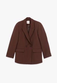 Brun dobbeltbrystet blazer med reverskrave, to forlommer og tekstureret stof; har knaplukning og afslappet pasform.