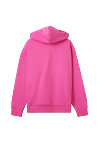 Mikina s kapucí v jasně růžové barvě, s volným střihem, dlouhými rukávy a hladkým povrchem. Žádné viditelné logo ani vzory.