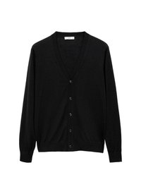 Svart cardigan med V-ringning, långa ärmar och sex knappar fram. Tillverkad av ett mjukt material med en slät textur, utan mönster eller detaljer.