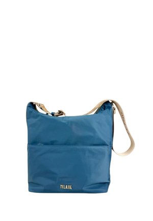 Borsa a tracolla in nylon blu con tracolla regolabile beige e logo dorato "T CLASSE" sulla tasca anteriore, forma rettangolare con chiusura superiore con cerniera.
