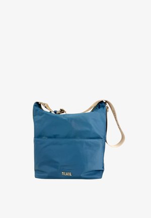 Borsa a tracolla in nylon blu con tracolla regolabile beige e logo dorato "T CLASSE" sulla tasca anteriore, forma rettangolare con chiusura superiore con cerniera.