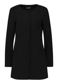 Černý dlouhý kabát s dlouhými rukávy vyrobený z pevné tkaniny. Obsahuje kulatý výstřih, přední kapsy a čistý, minimalistický design.