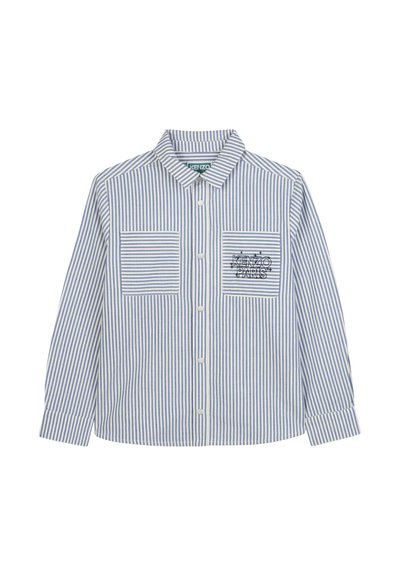 Gestreept shirt met lange mouwen in blauw en wit katoen, voorzien van twee voorzakken en geborduurd "KENZO PARIS" logo op de linkerzak.