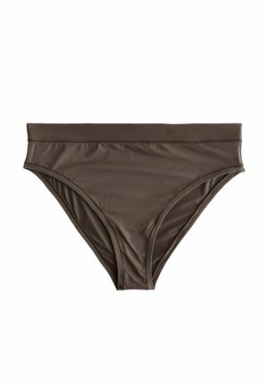 Brun bikini bund lavet af glat stof, med høj talje og design som dækker fuldt. Ingen mønstre eller metaldele synlige.