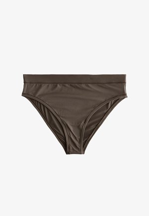 Parte inferior de bikini marrón hecha de tela suave, con una cintura alta y un diseño de cobertura completa. Sin patrones ni herrajes visibles.