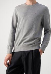 Grijze trui met lange mouwen en ronde hals, zachte textuur, geribbelde manchetten en zoom, met een klein logo op de borst. Draagt zwarte broek.